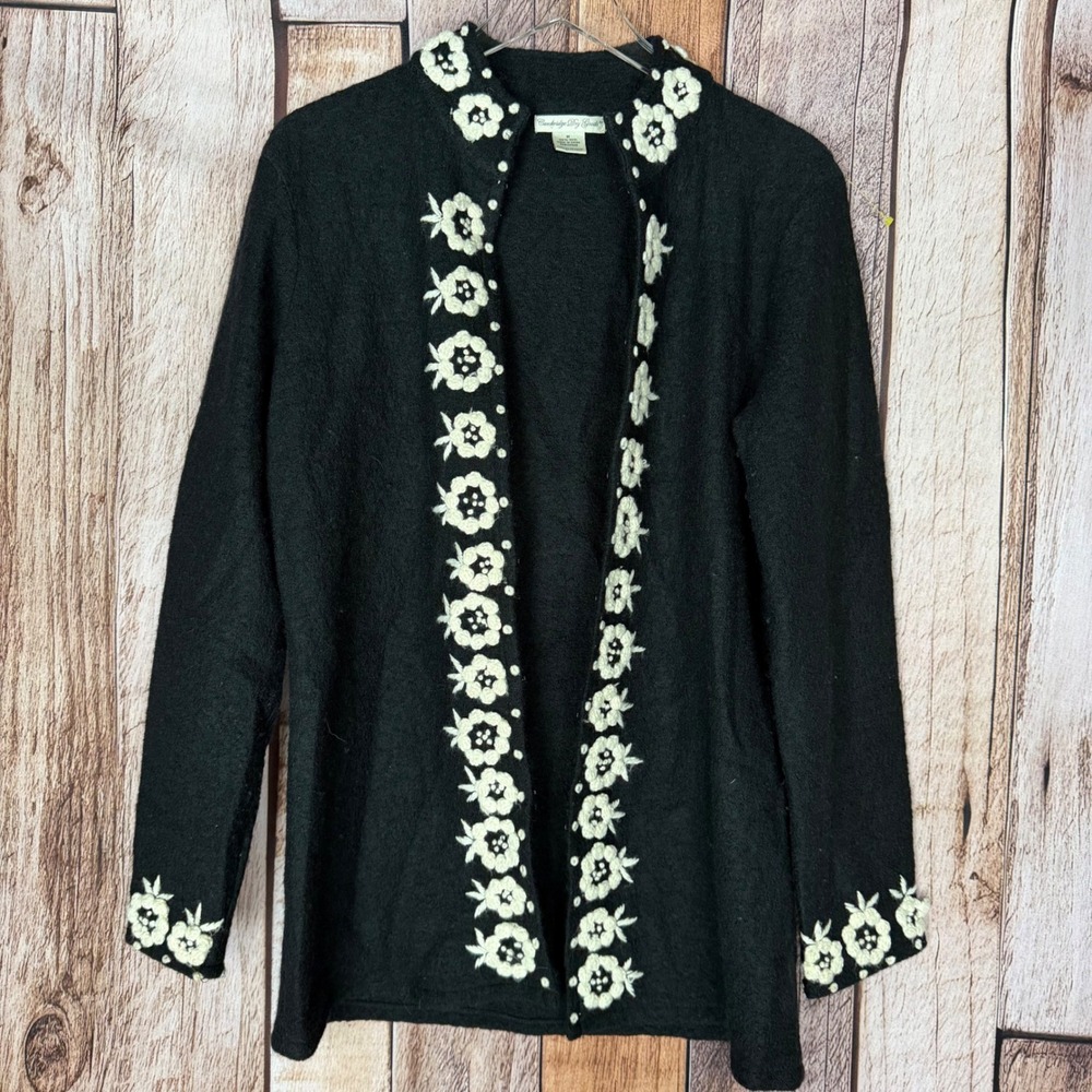 Cambridge Dry Goods Cardigan Embroidered Wool Floral Black Boho Classic Medium
